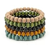 5pcs Wooden Bracelets for Women and Men, Elastic Handcraft Wooden Bead Retro Multi-layer Elastic Handcraft Bracelet,Vintage Bohemian Surfer Wristband Bangle Wrap Party Holiday Gift Accessories