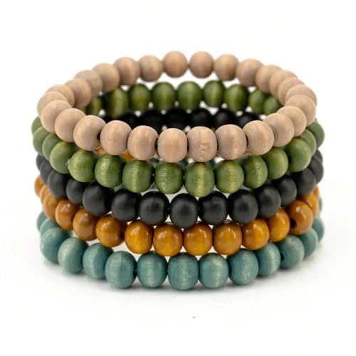5pcs Wooden Bracelets for Women and Men, Elastic Handcraft Wooden Bead Retro Multi-layer Elastic Handcraft Bracelet,Vintage Bohemian Surfer Wristband Bangle Wrap Party Holiday Gift Accessories