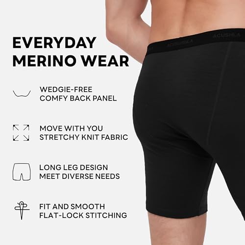 ACUSHLA Merino Wool Boxer Briefs for Men - Breathable Soft Odor Control Base Layer Underwear Long-leg and Trunk Underpants, Black M3