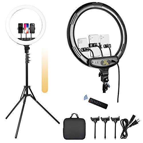 18 Inch Remote LED Ring Light with Tripod Stand,Thecosky 2021 Big Color Temperature Ajustable 2700K-6500K LED Stream Light with 3 Phone Holders for Camera Photography, YouTube Videos, Selfie,Makeup