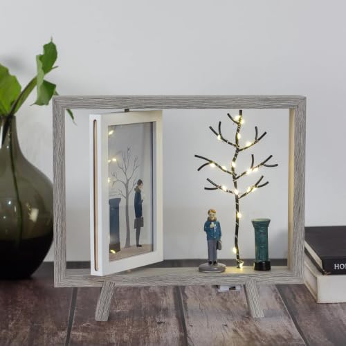 Image of Dual Photo Frame with LED Light - Tree Style Decorative Tabletop Photo Frame | Family Picture Display with Warm LED Illumination for Home, Living Room & Gifting
