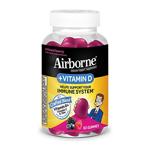 Airborne 180Mg Vitamin C + Vitamin D With Zinc Gummies For Adults, Immune Support Supplement With Powerful Antioxidant Vitamins C & D - 60 Gummies, Mixed Berry Flavor #TOP21