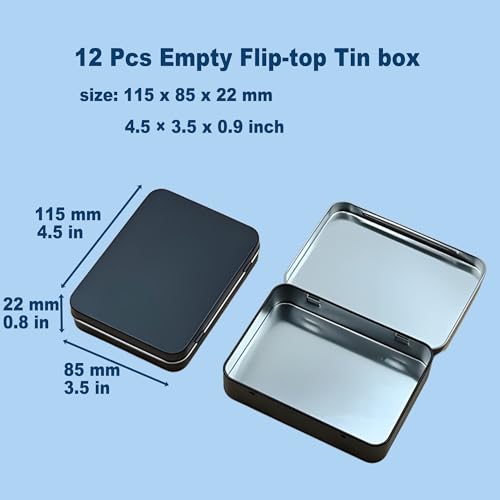 Image of 12 Pcs Flip-Top Tin Rectangular Metal Tin Boxes with Hinged Lids (4.5 x 3.5 x 0.9 Inch), Empty Storage Containers in for Gift Cards, Crafts, Hardware & EDC Survival Kits,Black