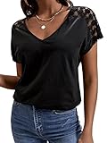 SheIn Damen T-Shirt V Ausschnitt Kurzarmshirt Casual Oberteil Fledermausärmel Sommershirt mit Spitzen Schwarz L