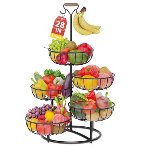 PouHenier.jh 5 Tier Fruit Basket Tower Stand with Banana Hanger for Kitchen Counter, Vegetable Tiered Shelf for Countertop, Tall Standing Produce Holder for Potato, Onion with Stable Base (Black)