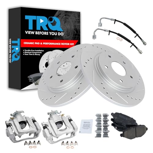 Image of TRQ Performance Rear Brake Pad and Rotor Set Ceramic Slotted Drilled Coated Rotors Calipers Compatible with 12-16 Chrysler Town and Country Grand Caravan 12-15 Ram Cargo Van 13-14 Volkswagen Routan
