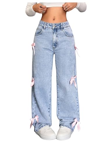 SOLY HUX Girl's Y2k Bow Jeans Cute Straight Leg Mid Waist Casual Denim Pants