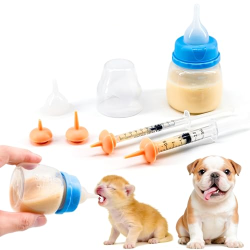 YeulYuuri Pet Feeding Bottle and Syringe Set for Puppies and Kittens(1 Bottles,2 Syringes,6 Nipples) Blue