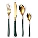24 Stück Besteck Set, Edelstahl Geschirr Set Vergoldet Sprühfarbe Messer Gabel Löffel Set Service für 6 Personen Spiegelpolierte Spülmaschinenfest für Haus Küche Party Restaurant-Grün_24 Stück