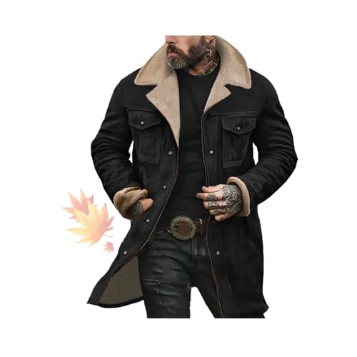 El Mejor Listado de Chaquetas y abrigos para comprar online. 44 Chaqueta tipo vaquera para hombre de ante sintético, estilo retro con cierre de cremallera y cuello afelpado, abrigo cálido para otoño e invierno (Black,Grande)