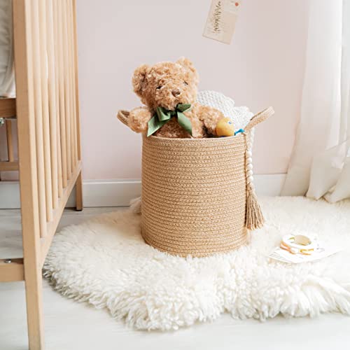 Mkono Woven Storage Basket Decorative Natural Rope Basket Wooden Bead Decoration for Blankets,Toys,Clothes,Shoes,Plant Organizer Bin with Handles Living Room Home Decor (Brown, 28 x 28cm)