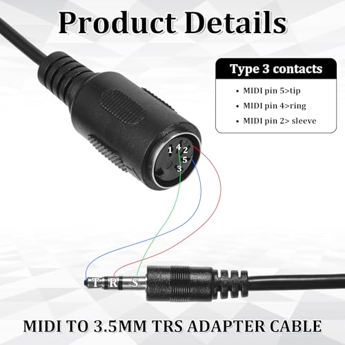 2 Boîte du type A MIDI à 3.5mm Adaptateur, 14" MIDI Femmes TRS 3.5mm Convertisseur audio de câble de cassure pour homme BMIDI-5-35 Type A TRS Hommes 5-pin DIN Câble Ultra-petits Plugs pour les claviers Synths DAWs