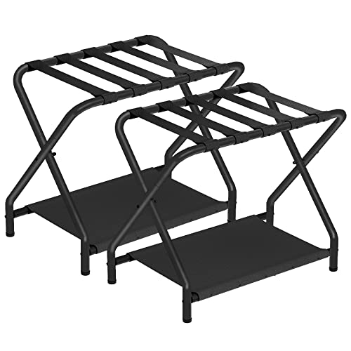 Best Bargain HOOBRO Folding Luggage Racks Set of 2, Suitcase Stand with Fabric Storage Shelf for Gue...