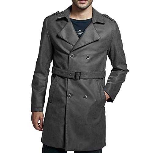 Invachi Mens Leather Trench Coat Double Breasted Belted Windbreaker Lapel Long Jacket Windproof Overcoat #TOP2