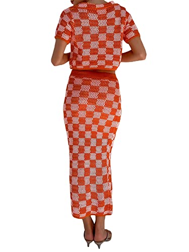 Women Crochet Knit 2 Piece Outfits Set Short Sleeve Shirt Crop Top High Waist Bodycon Midi Skirts Set Y2K Set(B Orange Plaid,Large) #TOP1