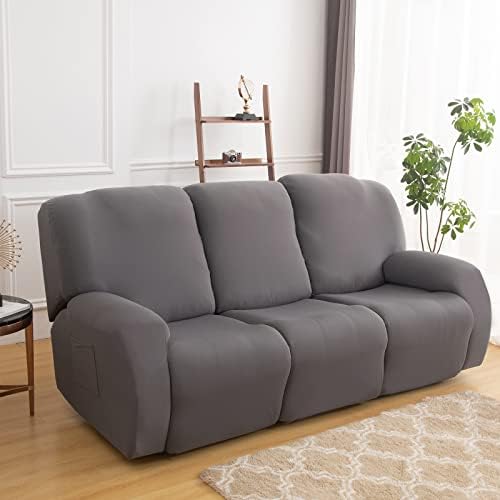 4-Piece Recliner Slipcover Sofa Slipcover Couch Covers Stretch Armchair Cover Non-Slip Furniture Protector Elastic Spandex Soft Recliner Chair Protector with Side Pocket(1 Seater Ash Blue)