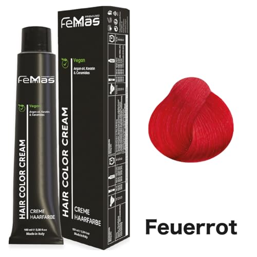 FemMas Haarfarbe Fantasy Feuerrot I Creme Haarfarbe mit Arganöl, Keratin & Ceramiden I Als dauerhafte Haarfärbung oder Tönung für strahlende, haltbare Farbergebnisse I 100 ml
