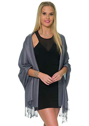 Pashmina Shawls and Wraps for Evening Dresses, Large Soft Pashmina Wedding Dark Grey Shawl - Thumbnail 2