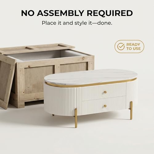 Image of Tesla Centre Table, White Marble Top with Gold Trim, Oval Modern Coffee Table with 2 Drawer Storage, Waterproof Plywood Base, PVD Metal Legs, for Living Room (White)