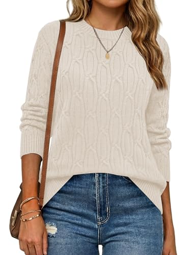 LaGracia Sweaters for Women Long Sleeve Crewneck 2026 Spring Fall Fahion Sweater Tops Cute Outfits Cable Knit Sweater Pullover Winter Trendy Clothes Beige S