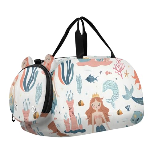 Duffle Bag Kids Gym Bag with Shoes Compartment & Wet Separation Overnight Travel Duffel Bag Cute Sea Princess Mermaid for Girl Boy