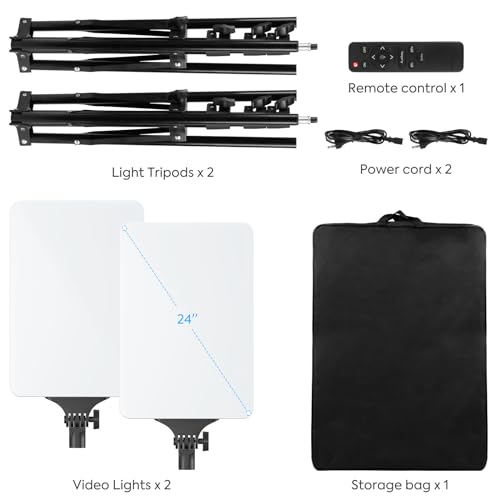 Heorryn 2 Stück 24'' LED VideoLicht Set, 2800-6500K dimmbare Kontinuierliche Fotografie Beleuchtung mit Fernbedienung und 200cm Stativ, CRI 96+ Studio Leuchten für TikTok, YouTube,Videofotografie
