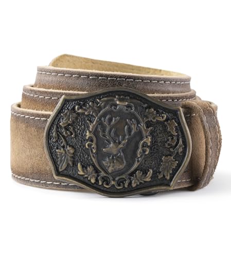 Schöneberger Trachten Couture Herren Trachtengürtel aus Leder Lederhosen Gürtel mit Hirsch Kupfer-Schnalle für Oktoberfest Ledergürtel Cedric (Angora-Braun (50-52) 13859)
