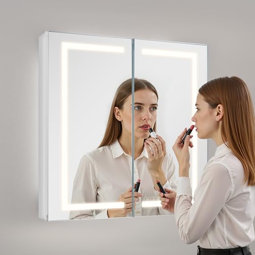 VEVOR Spiegelschrank Bad mit LED Beleuchtung (65 x 65 cm) LED Badezimmerschrank Einbau- oder Wandmontage, 3-farbig dimmbarer mit HD-Spiegel, Verstellbarer Ablagefläche, Memory-Defog-Funktion