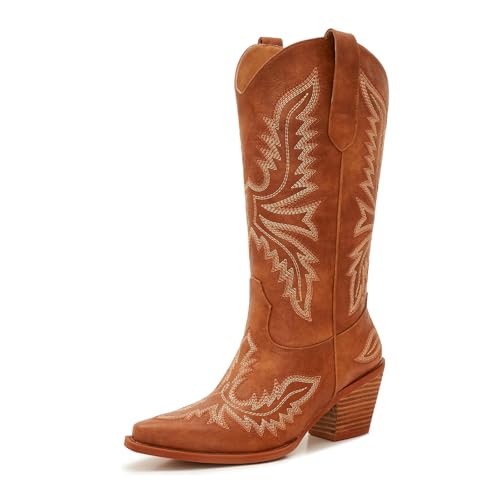 Image of Cowboy Boots for Women - Embroidered Western Cowgirl Boots with Fashion Snip Toe, 1.75-Inch Low Block Heel and All-Day Comfort Fit