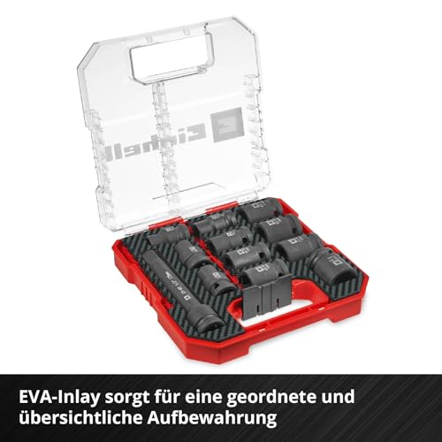 Oryginalny zestaw nasadek udarowych Einhell 12-częściowy (stal CrMo, rozmiary 10-21 mm, przedłużenie 125 mm, L-CASE z wkładką EVA, kompatybilny z grzechotkami 1/5.1 cm i kluczami udarowymi)