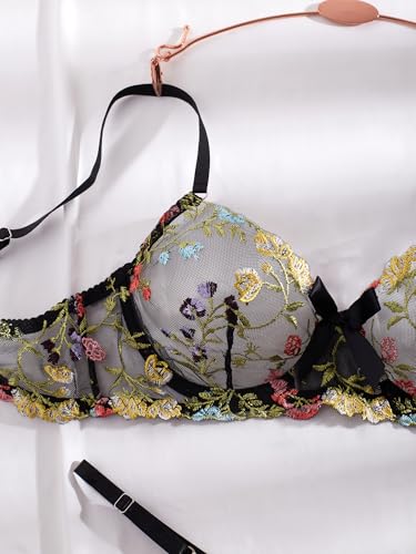 Image of Sexy Floral Embroidered Flower Mesh Underwire Push Up Lingerie Set