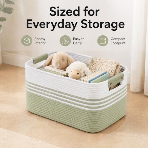 Image of 12.8GAL Small Cute laundry basket for nursery, Boho Square storage basket for Living Room Decor, Kids Girls Boys Toys Stuffed Animal Decorative Short Hamper for Dirty Clothes, Bath Towel White Green