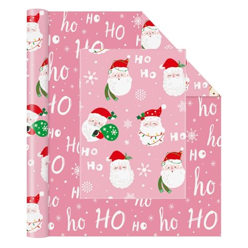 WERNNSAI Christmas Wrapping Papers - 1 Roll 17”x 33 ft Santa Claus Gift Wrapping Paper Reversible Christmas Wraps Supply for Kids Boys Girls HOHO Design Pink Gift Wrap for Winter Holiday Present
