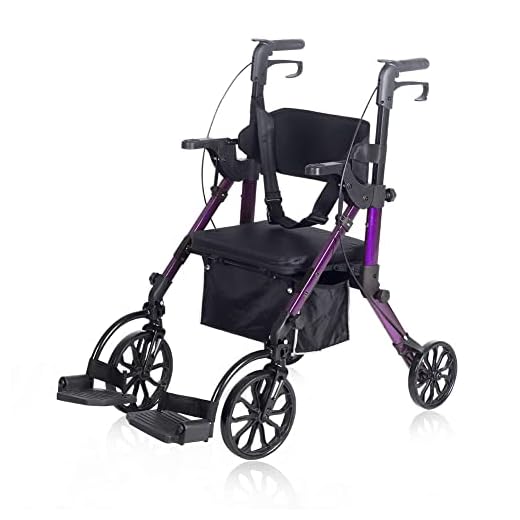 Elenker 2 in 1 Rollator Walker & Transport Chair, Folding Wheelchair Rolling Mobility Walking Aid with Seat Belt, Padded Seat and Detachable Footrests for Adult, Seniors (Purple)