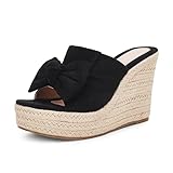 PiePieBuy Womens Platform Espadrilles Slip On Wedge Sandals Bow Tie Open Toe Slides Shoes, Black, Size 8.5