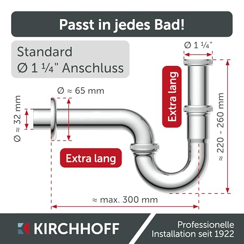 KIRCHHOFF Siphon Waschbecken PLUS, Siphon mit extra langem Abflussrohr und Tauchrohr, Universal Syphon mit Standardanschlussmaßen 1 1/4\ und 32mm, 98801120