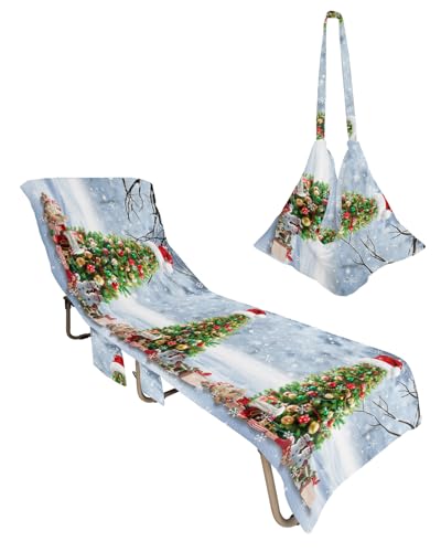 Christmas Tree Beach Lounge Chair Towel Cover, Soft Chaise Lounge Towel with Side Pockets Patio Pool Chairs Cover for Beach/Pool Sunbathing 29x85 Xmas Tree Balss Snowman Winter Snowflake