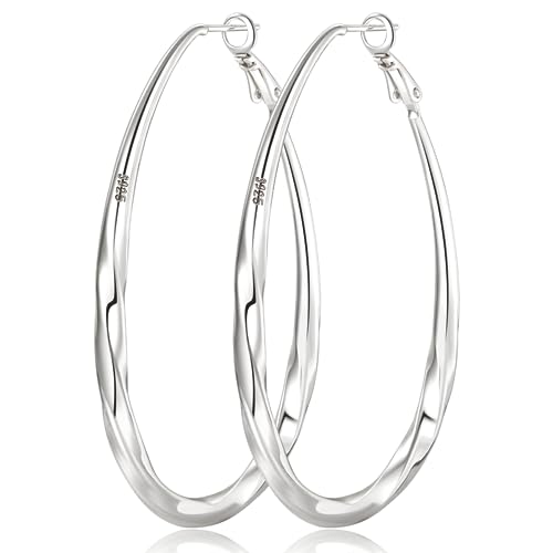 PABBEU Silver Hoop Earrings for Women Oval Hypoallergenic 925 Sterling Silver Hoop Earrings Lightwieght Large Hoops Earring for Women Trendy