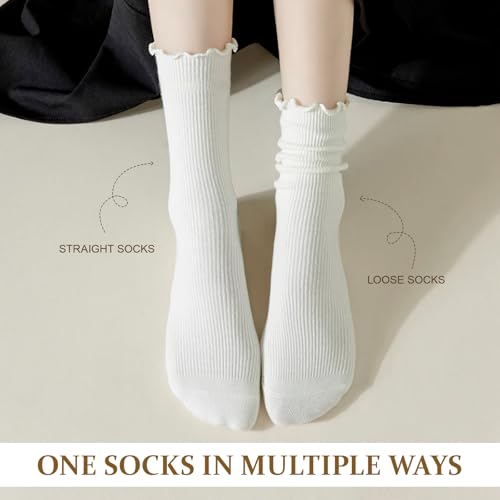 DRESHOW Ruffle Socks Woman Cute Turn-Cuff Casual Ankle Socks Breathable Lettuce Crew Knit Frilly Sock 6 Pack4