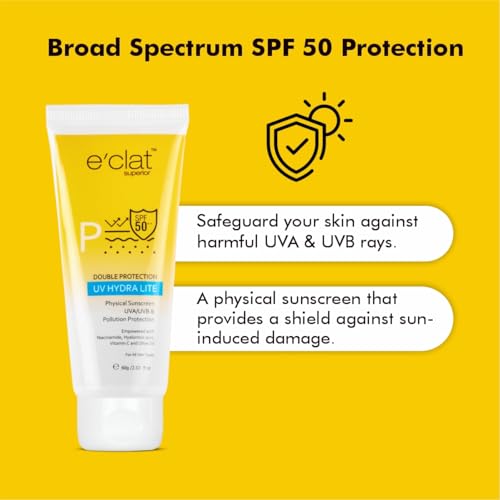 e'clat Superior Uv Hydra Lite Physical Sunscreen, Spf 50+, Infused With Hyaluronic Acid, Niacinamide And Vitamin C 60Gm For All Skin Types