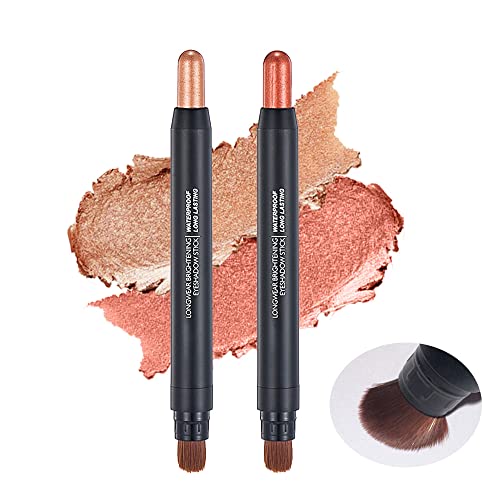 2Pcs With Blending Brush Eyeshadow Cream Stick Champagne Gold Rose Gold Metallic Matte Shimmer Eye Brightener Crayon Long Lasting Waterproof Smudge-Proof Crease-Proof Hypoallergenic Korean Eye Makeup #TOP5