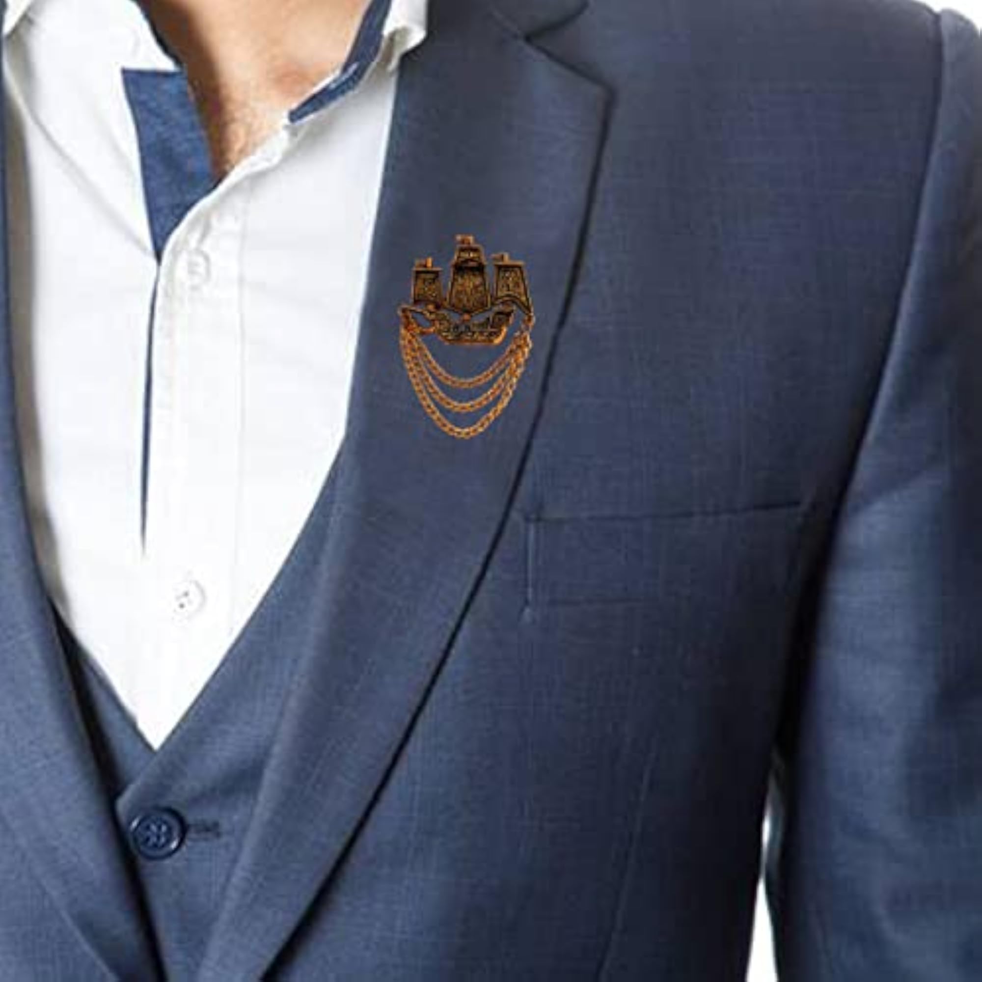 Gold Nautical Sailing Ship Brooch with Chain