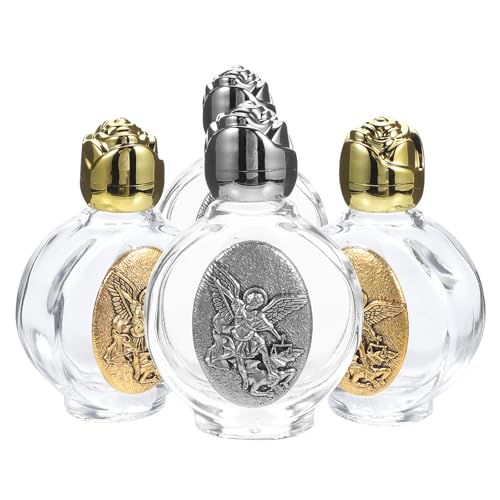 Toddmomy Embossed Holy Water Bottle Set, 4Pcs Glass Decorative Bottles for Home Wedding Baptism Metal Engraved Water Containers Small Glass Containers with Metal Embossing for Holy Storage
