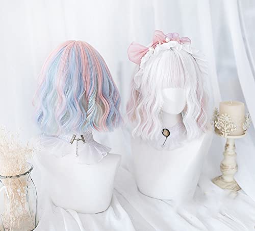 Sooxu Cosplay Wig Pastel Rainbow Ombre Gradient Pink Blue Green Wigs For Grils, Short Curly For Cosplay Halloween Harajuku Lolita Anime Street Style, Everyday Wear (Color : White) #TOP3