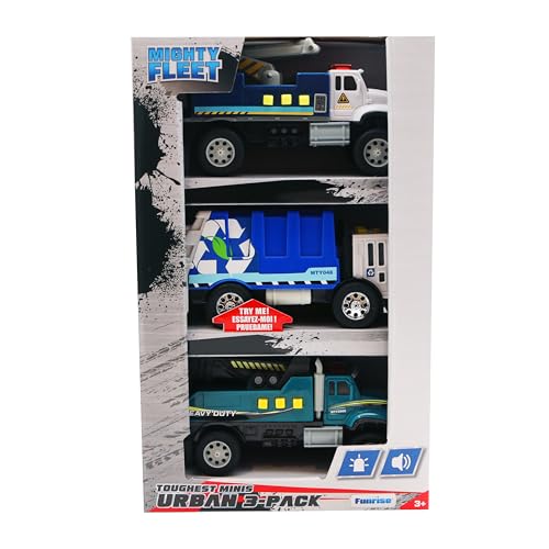 Mighty Fleet Toughest Minis 3 Pack, 5" Garbage Truck, Cherry Picker, Tow Truck Toy w/Lights & Sounds, Realistic Design & Batteries Included - Age 3+