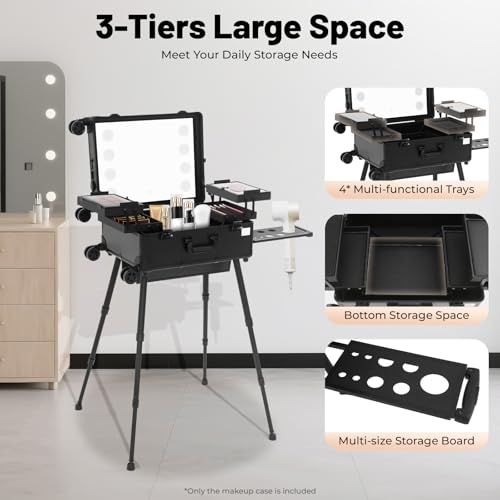 Maletín de maquillaje con espejo, mesa de tocador, estantes profesionales, negro, maletín para cosméticos - imagen 2