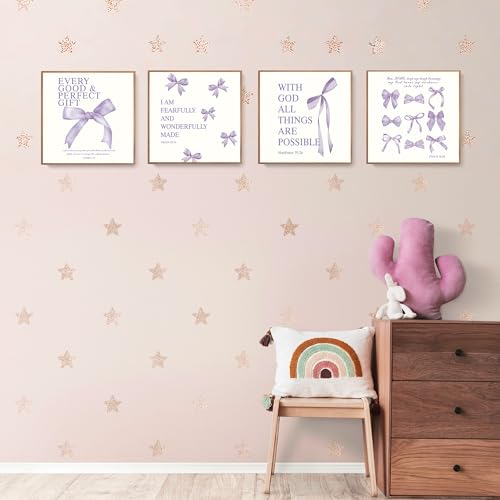 Image of LARTSFRO Coquette Purple Bow Wall Art Decor Posters, Purple Bow Room Bedroom Bathroom Dorm Wall Art Decor Aesthetic for Teen Girls Gifts, Inspirational Bible Verses Bow Wall Decor, 10x10 Inch Set of 4 Pcs Bow Pictures (UNFRAMED)