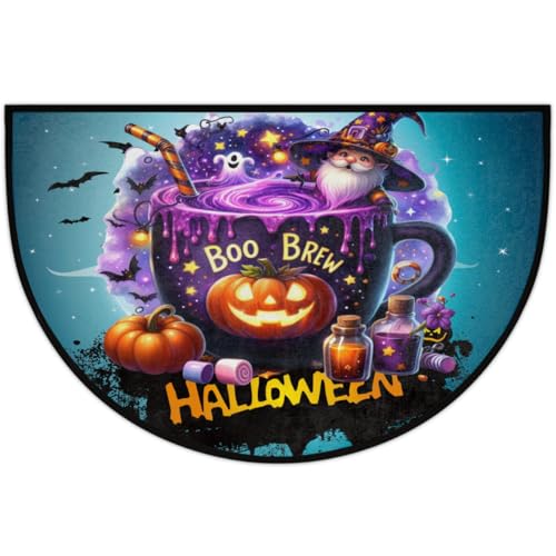 Image of Half Round Door Mat Halloween Potion Goblin Pumpkin Non-Slip Semi Circle Area Rug Washable Half Moon Hearth Rugs for Indoor Outdoor Bathroom Kitchen Patio Runner Mat Laundry Room Home Decoration