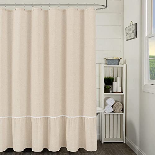 Linen Farmhouse Shower Curtain, Linen Blend Shower Curtain Set With Hooks, Elegant Ruffle Shower Curtain White Lace Stitched, Vintage Rustic Theme Bathroom Accessories Roma4Ntic Bath Shower Curtain #TOP3
