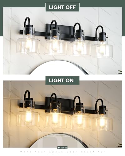 Image of Bathroom Light Fixtures, 4-Light Matte Black Vanity Lights with Clear Glass Shade, 28 Inch Vintage Vanity Lighting Fixtures Over Mirror, VL124-MB-4